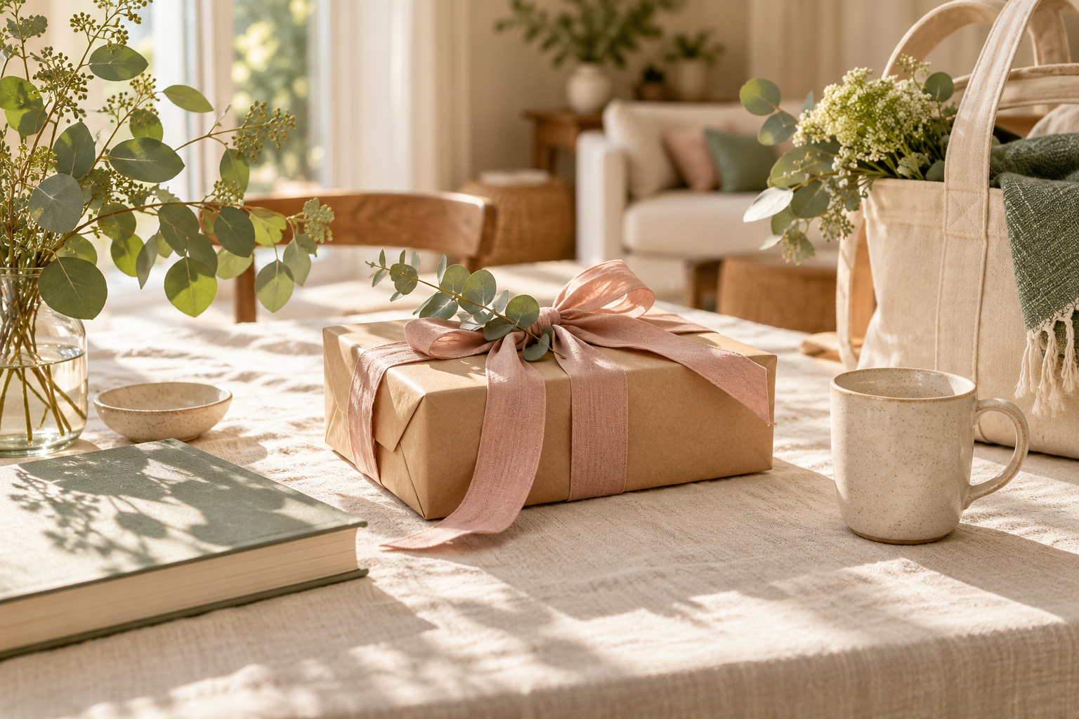 Gift box, picnic bag and ceramics on a sunlit linen table